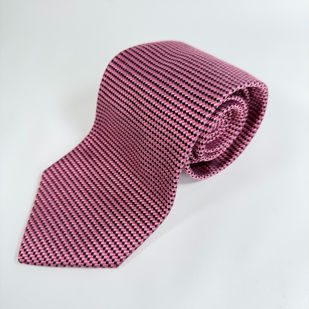 Brooks Brothers Makers Silk Tie Pink Black Geometric Checked Micro Check Necktie
